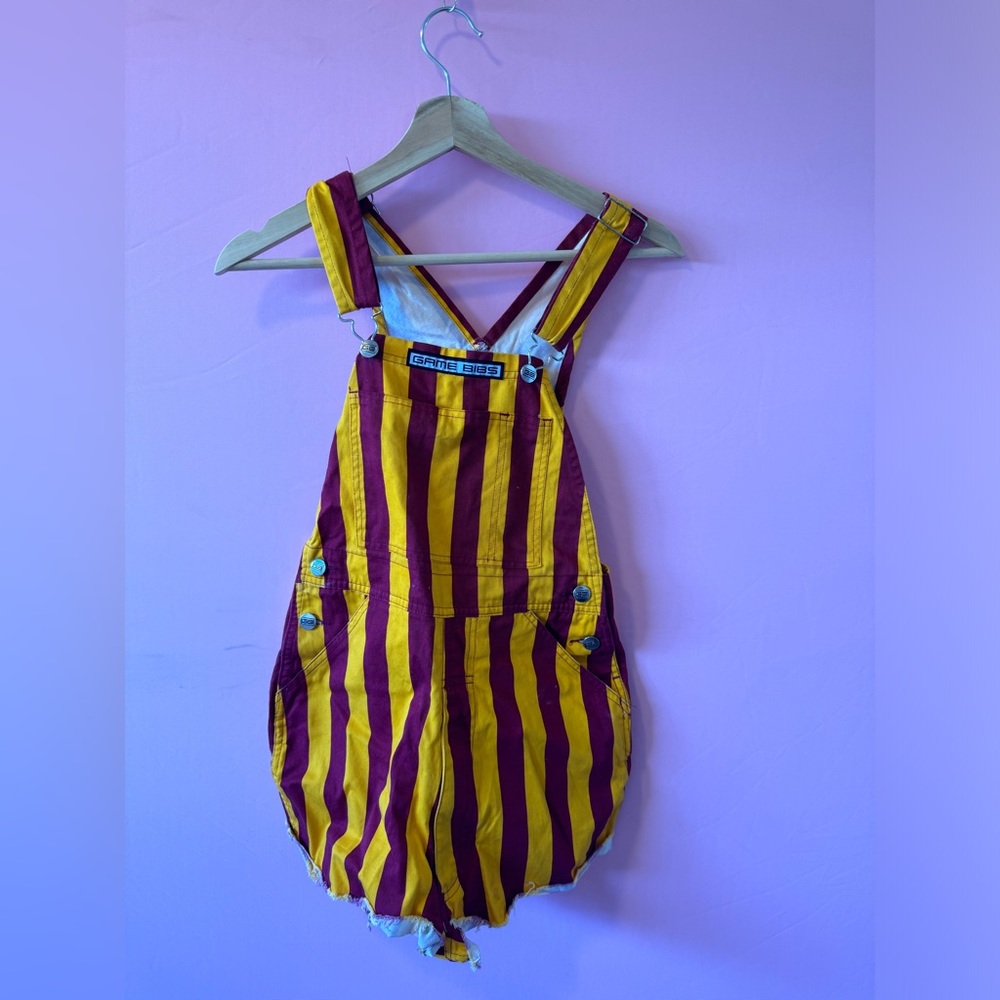❤️RED AND YELLOW STRIPED CUTOFF GAME BIBS GAMEDAY OVERALLS❤️